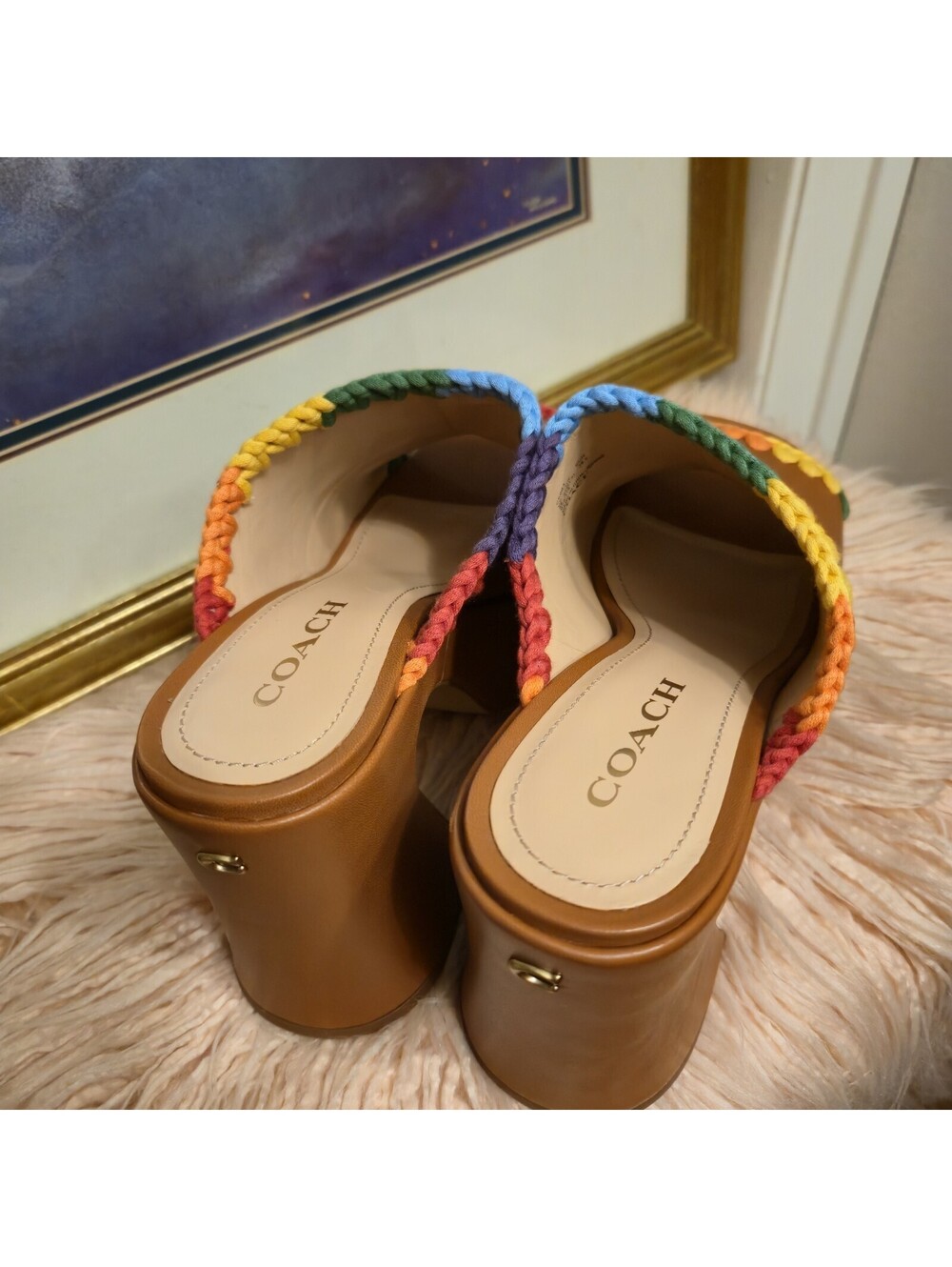 Coach Rainbow Crochet Leather Platform Mule Sandals Size 9 Worn Once w/ Box - Picture 4 of 8